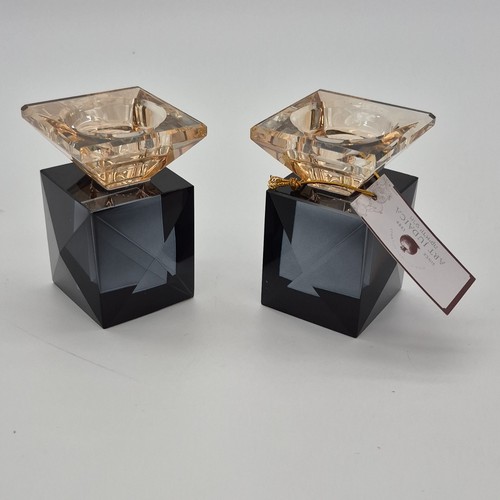 Art Judaica Glass Candle Holders Pair Black Gold Clear