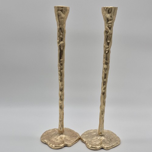 Pair of Handmade Brass Candlesticks Textured Artistic Design