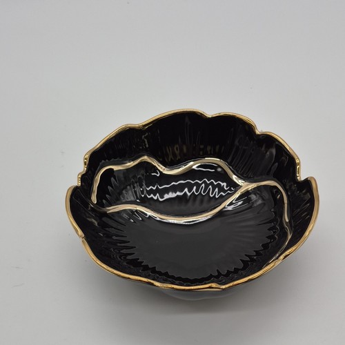 Glossy Black Ceramic Decorative Bowl with Gold Trim