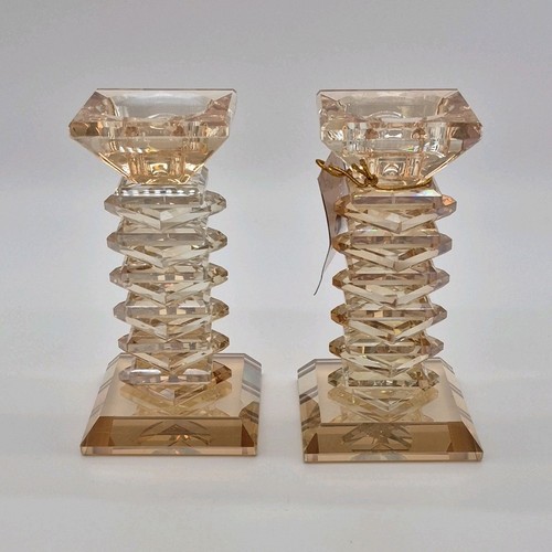 Amber Glass Glossy Candlestick Pair