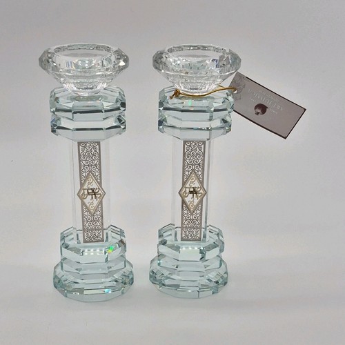Art Judaica Crystal Candlestick Pair Clear Glossy Decorative