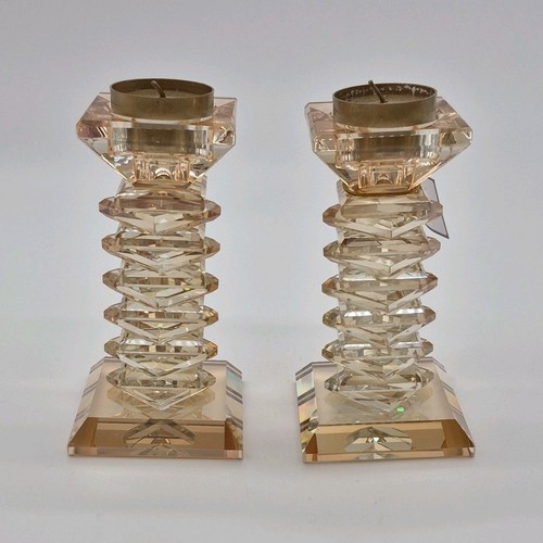 Amber Glass Glossy Candle Holders Pair Decorative Square Base