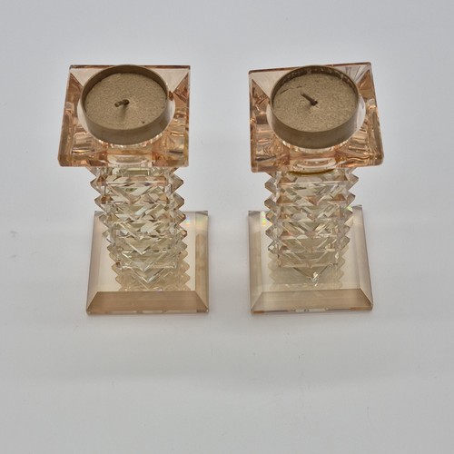 Amber Glass Glossy Candle Holders Pair Decorative Square Base - photo 2