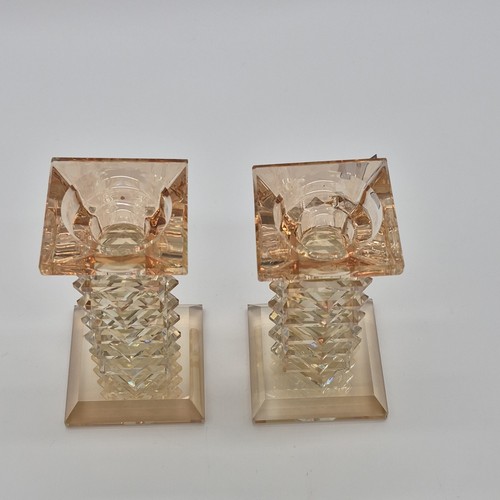 Amber Glass Glossy Candle Holders Pair Decorative Square Base - photo 3