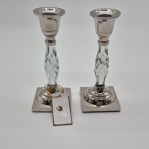 Art Judaica Silver Clear Glossy Metal Glass Candlestick Pair