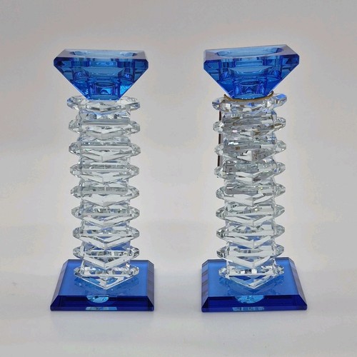 Blue Clear Crystal Glossy Candlestick Pair Decorative Candle Hol