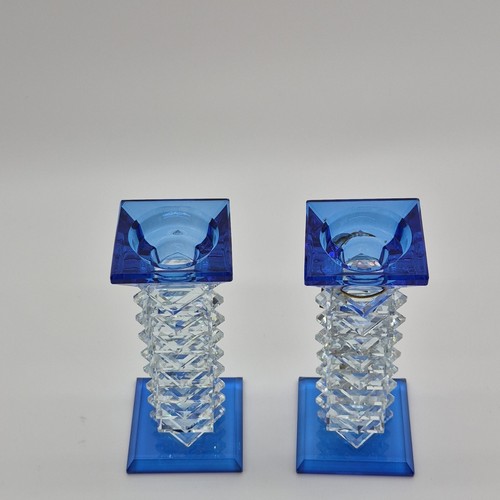 Blue Clear Crystal Glossy Candlestick Pair Decorative Candle Hol - photo 2