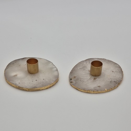 Gray and Gold Stone Metal Round Candle Holders, Set of 2