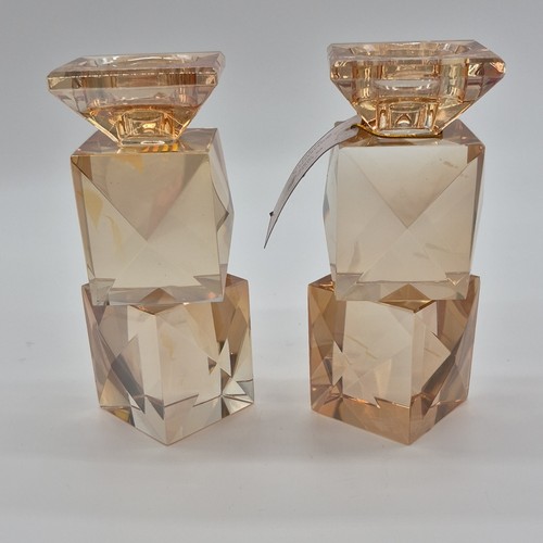 Amber Geometric Faceted Glass Candle Holders Set