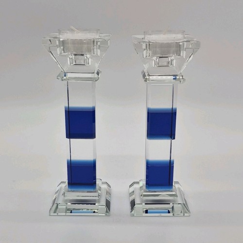 Glossy Glass Clear Blue Candle Holders Pair
