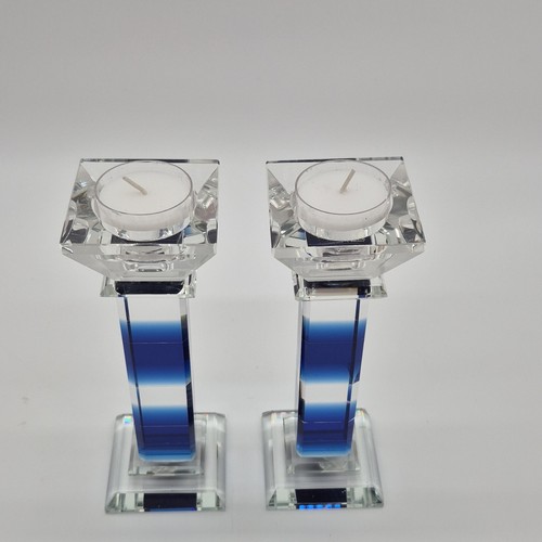 Glossy Glass Clear Blue Candle Holders Pair - photo 2