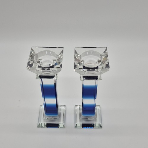 Glossy Glass Clear Blue Candle Holders Pair - photo 3