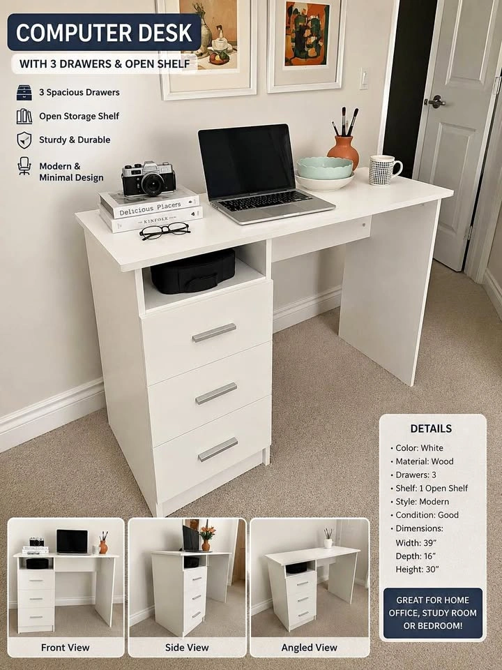 Modern White Computer Desk with 3 Drawers