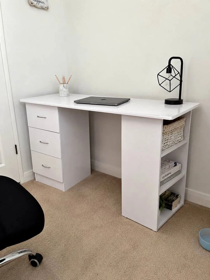Modern White Computer Desk with 3 Drawers & Storage Shelves