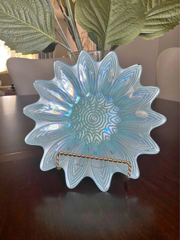 Vintage Opalescent Blue Spoke & Wheel Glass Bowl