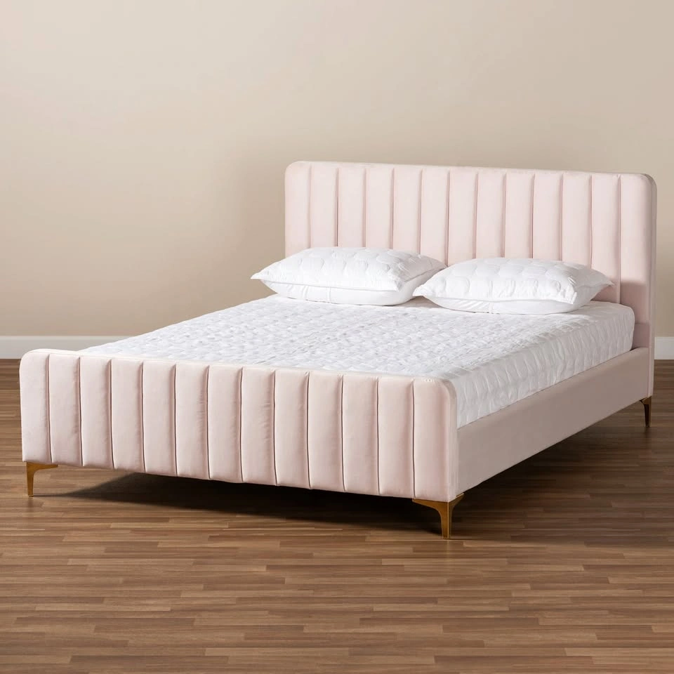 Nami Modern Light Pink Velvet and Gold Platform Bed - Full