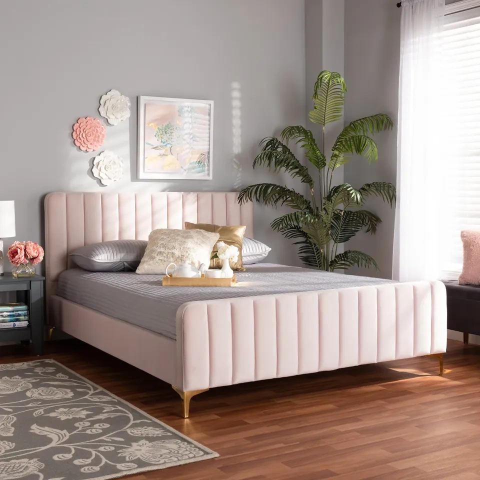 Nami Modern Light Pink Velvet and Gold Platform Bed - Full - photo 3