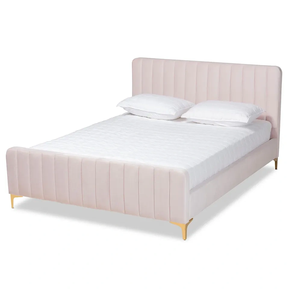 Nami Modern Light Pink Velvet and Gold Platform Bed - Full - photo 5