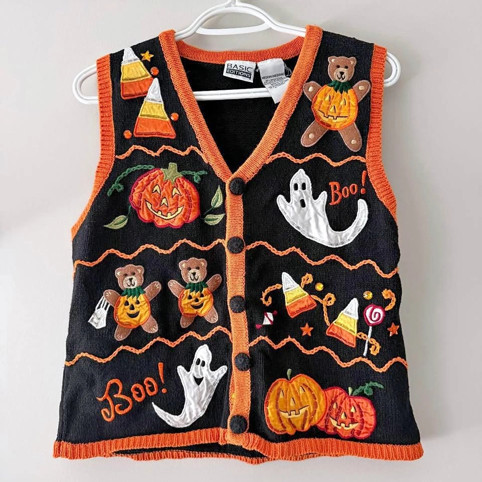 Vintage Embroidered Halloween Bear Vest/Sweater - Size Medium
