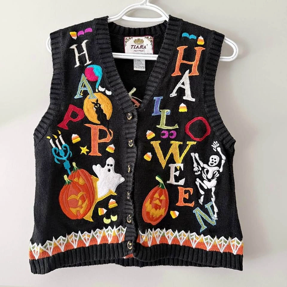 Vintage Tiara Pumpkin Embroidered Halloween Vest/Sweater