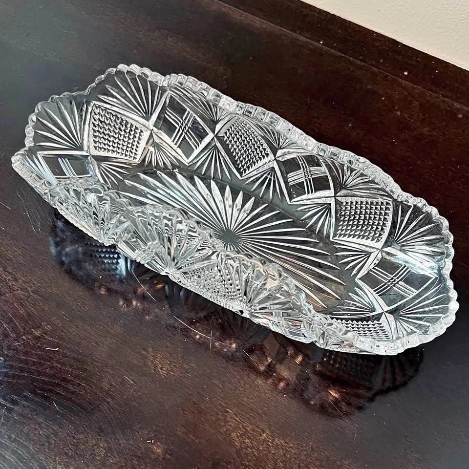 Vintage Crystal Cut Glass Oblong Boat-Shaped Relish Dish