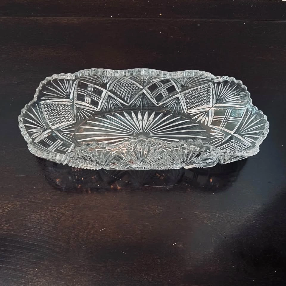 Vintage Crystal Cut Glass Oblong Boat-Shaped Relish Dish - photo 2