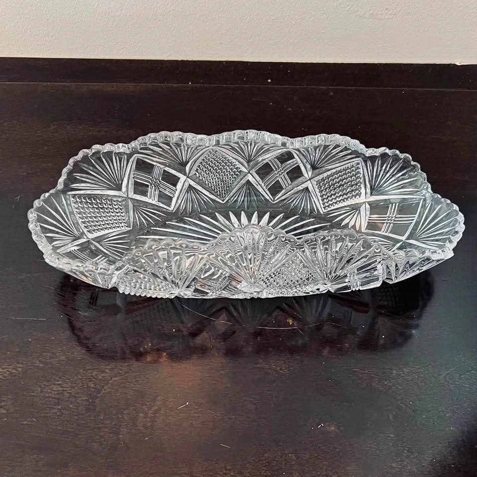 Vintage Crystal Cut Glass Oblong Boat-Shaped Relish Dish - photo 4