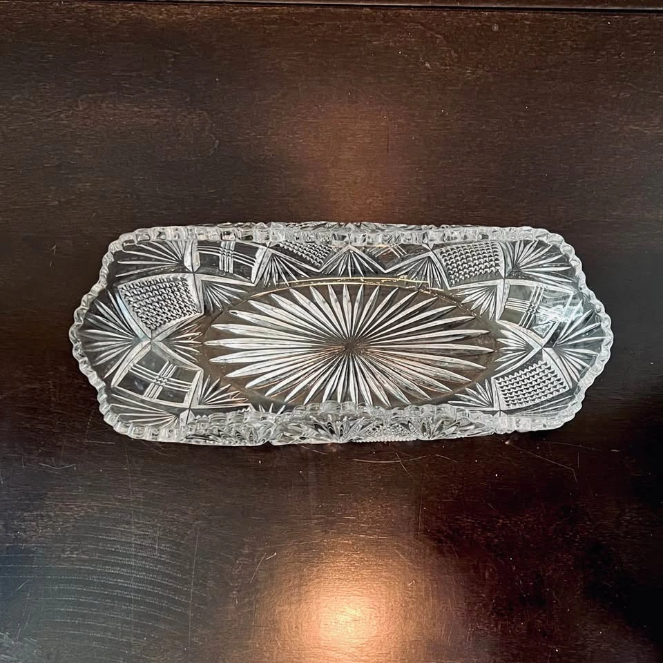 Vintage Crystal Cut Glass Oblong Boat-Shaped Relish Dish - photo 5