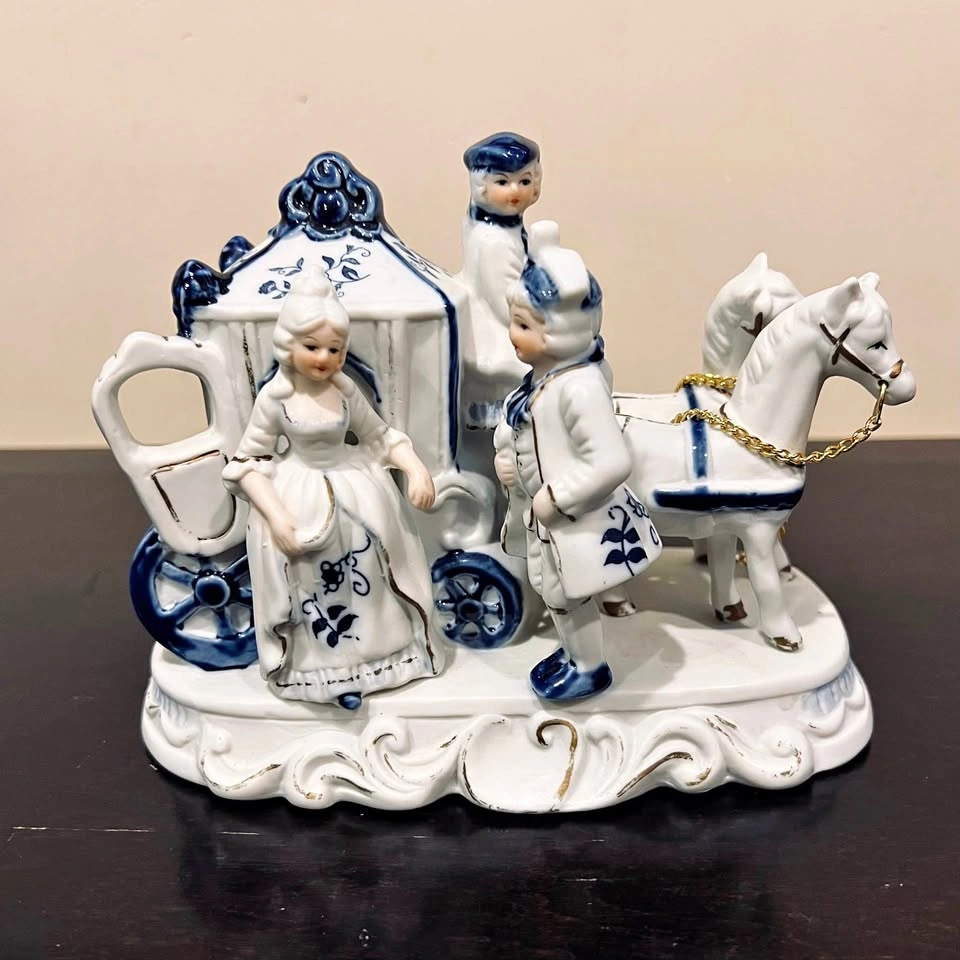 Vintage Blue and White Hand Painted Porcelain Carriage Figurine