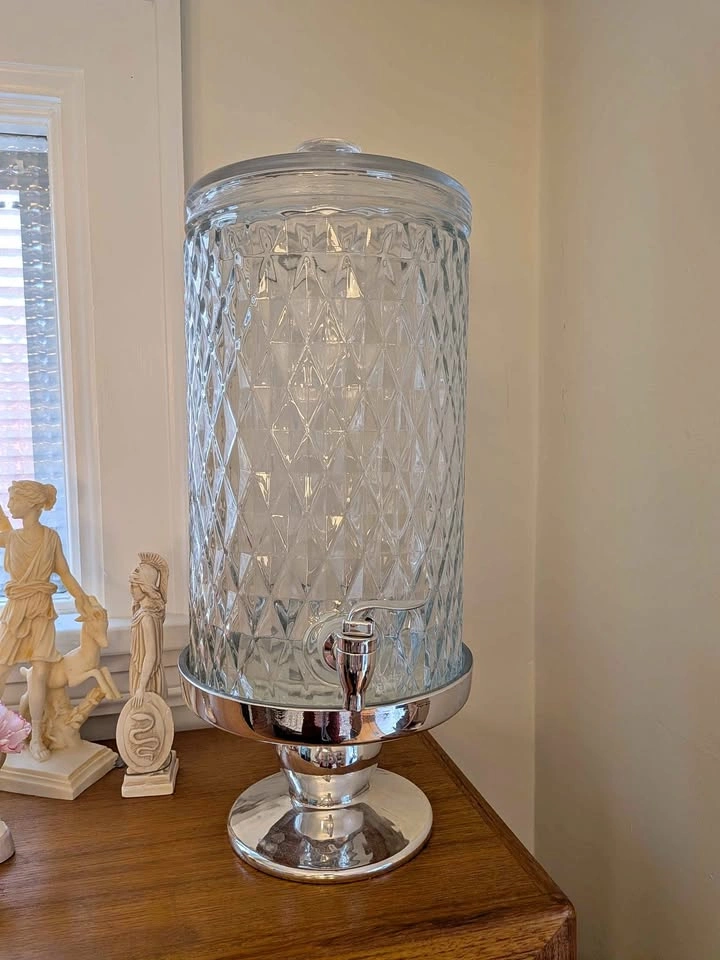 Large Bowring Glass Beverage Dispenser with Lid & Stand