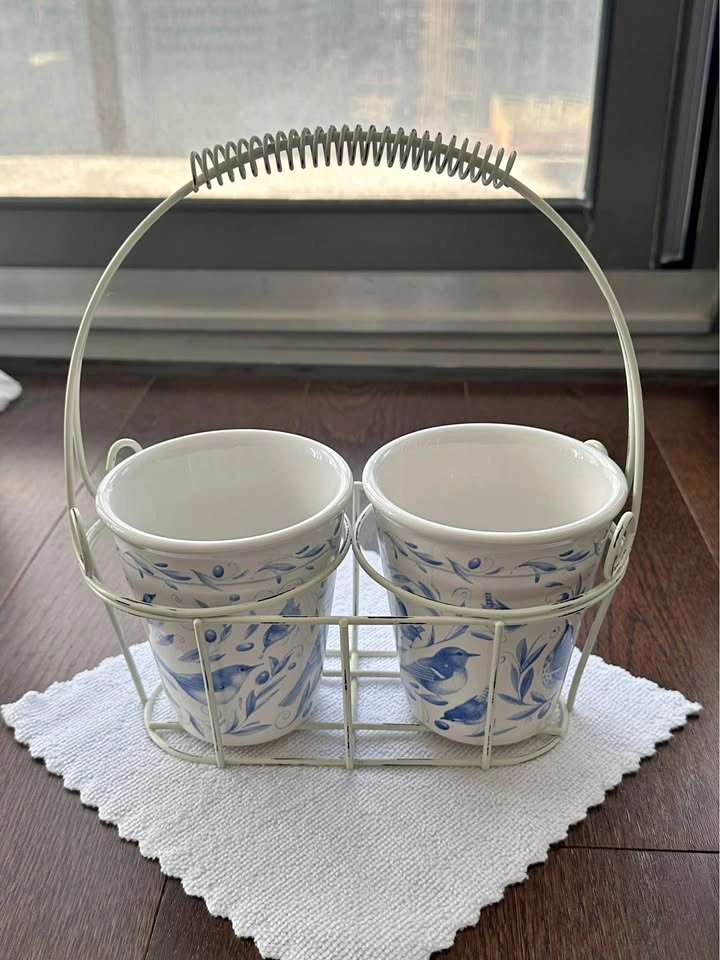 Blue Bird Ceramic Pots with Wire Caddy