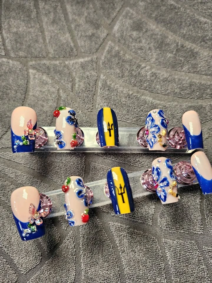Barbados Flag Press-On Nails | Handmade Reusable Nails