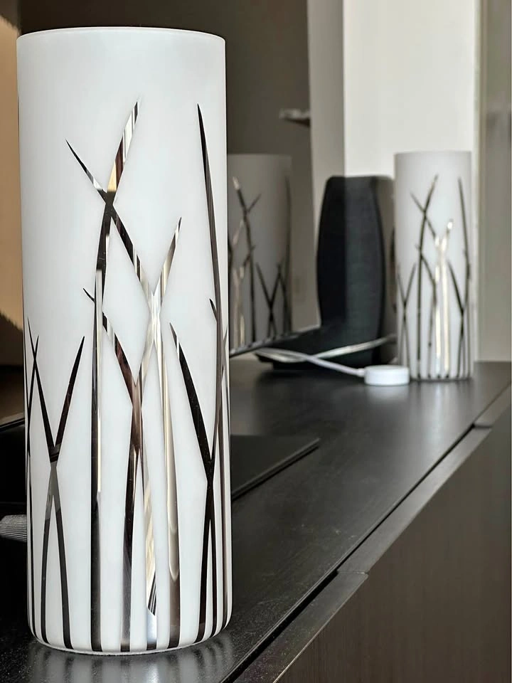 Pair of 10” Frosted Glass Lamps with Silver Grass Pattern