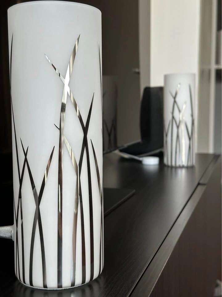 Pair of 10” Frosted Glass Lamps with Silver Grass Pattern - photo 2
