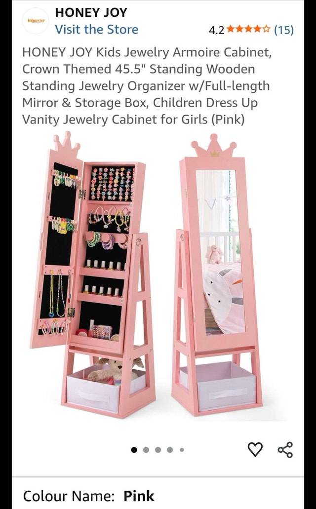 Pink Standing Jewelry Armoire with Full-Length Mirror