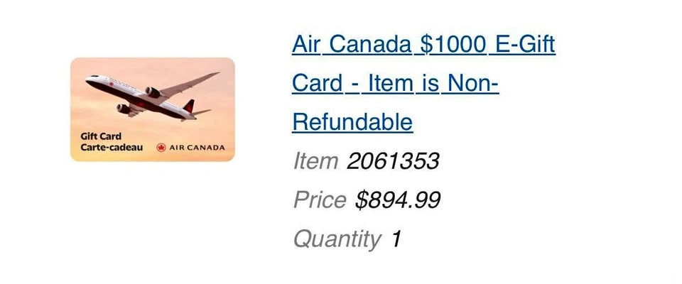 Air Canada $1000 E-Gift Card