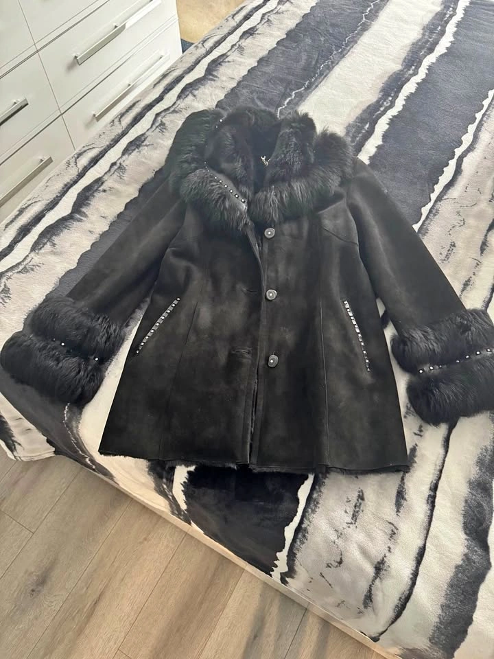 Black Suede Coat with Fur Trim