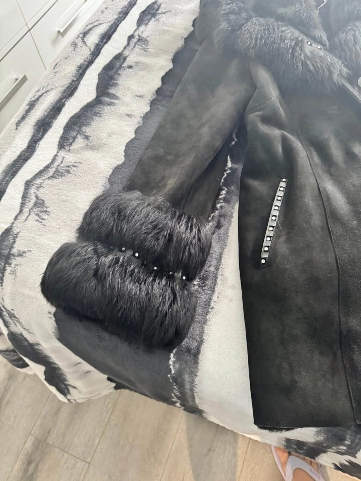 Black Suede Coat with Fur Trim - photo 4