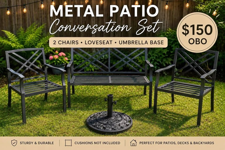 Metal Patio Conversation Set – 2 Chairs, Loveseat & Umbrella Bas