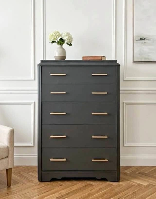 New Modern Black 5-Drawer Chest with Gold Hardware