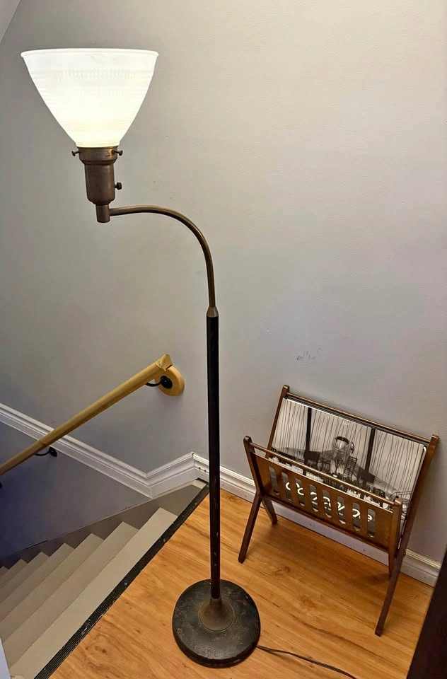 Antique MCM Floor Lamp w/ Textured Milk Glass Shade – 57”H