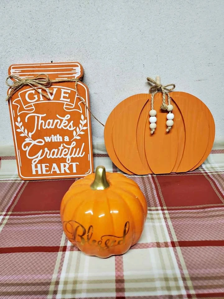 Fall Decor Set - Wooden Signs and Ceramic Pumpkin