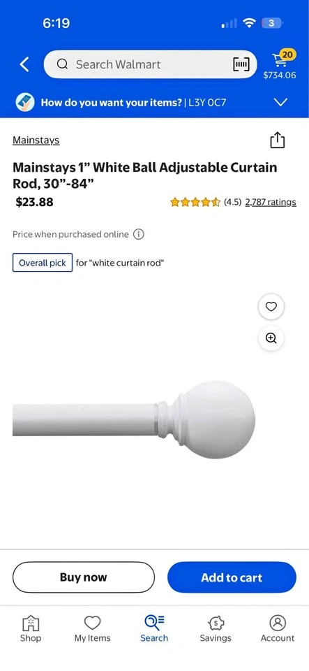 Mainstays 1” white ball adjustable curtain rod, 30” - 84”
