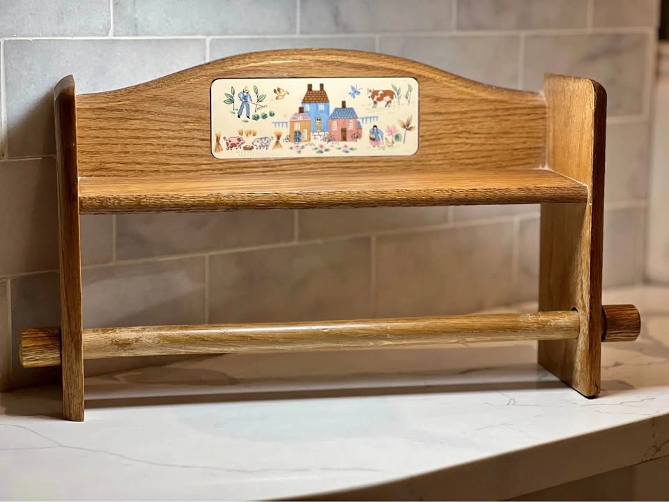 Vintage 1980s Heartland Oak Paper Towel Holder & Shelf