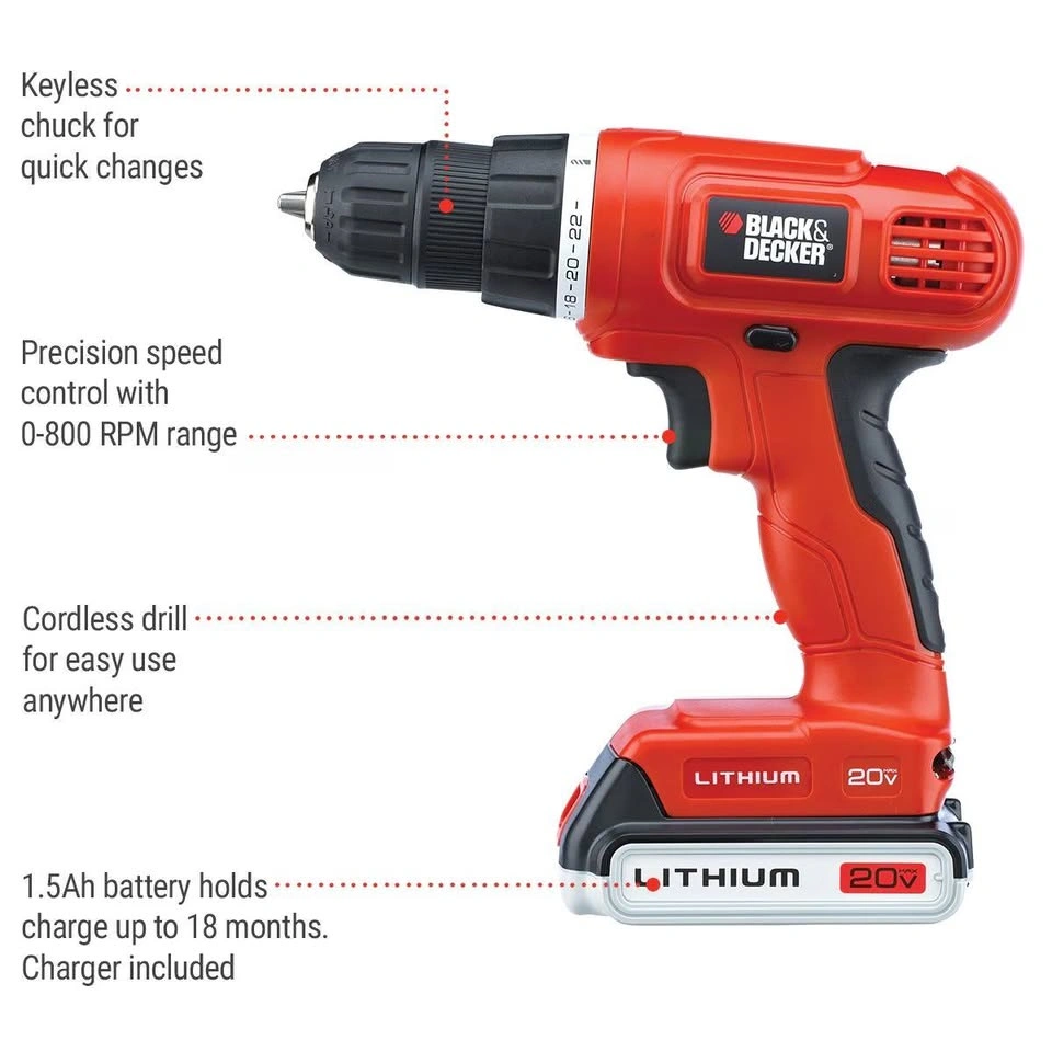 BLACK+DECKER 20V Cordless Drill Kit w/ Battery & 100-Pc Set - photo 3