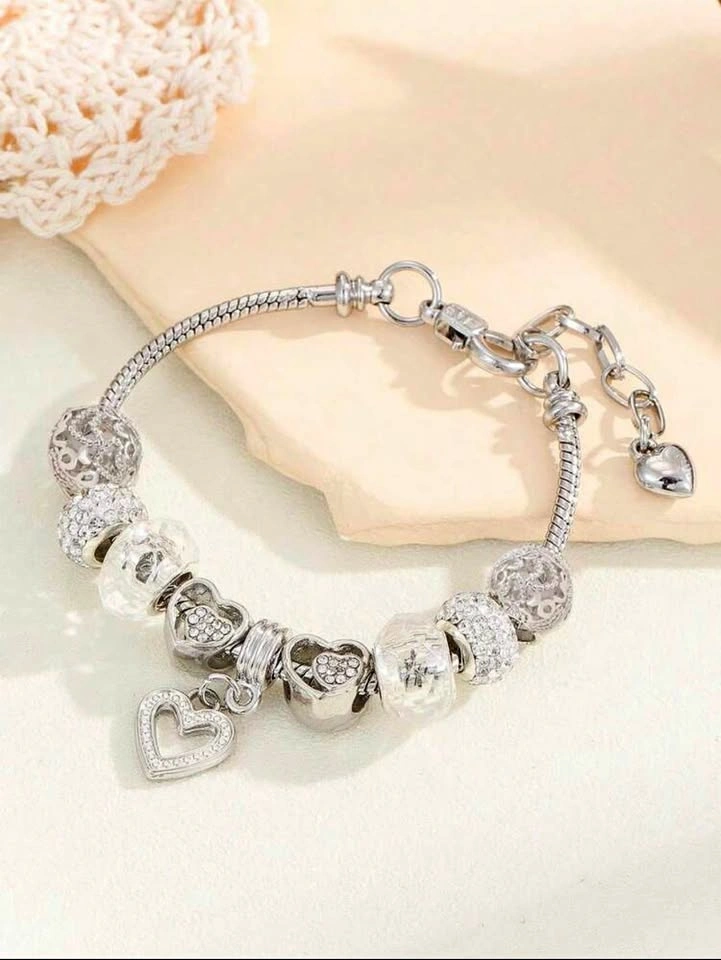 Silver Rhinestone Heart Charm Bracelet