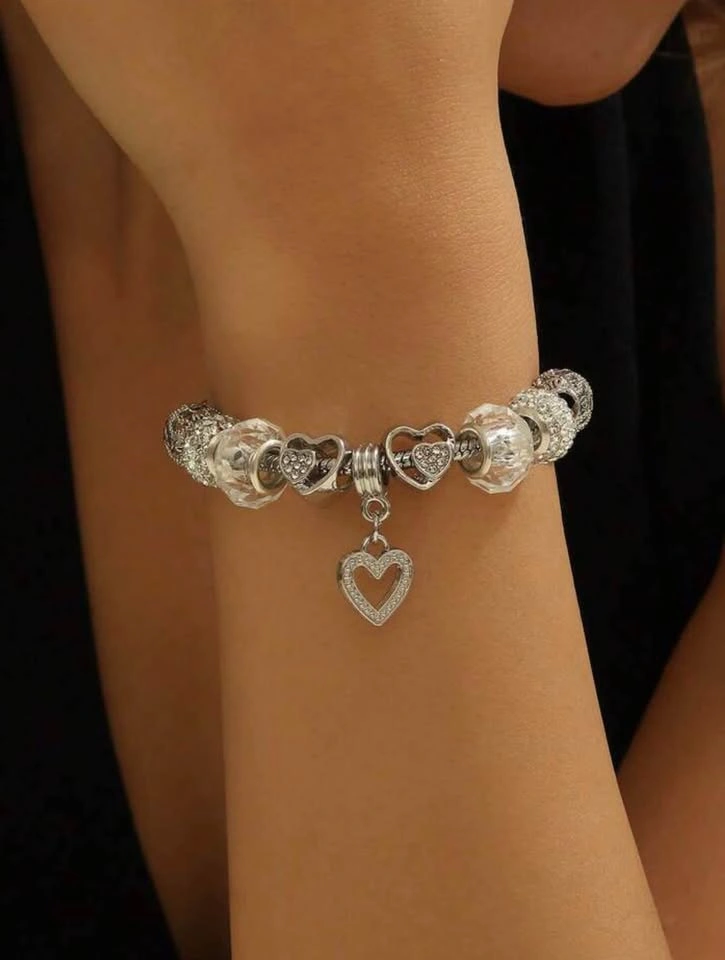 Silver Rhinestone Heart Charm Bracelet - photo 2