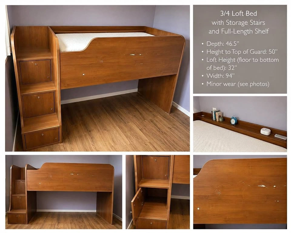 Loft bed- 3/4 height, twin with stairs