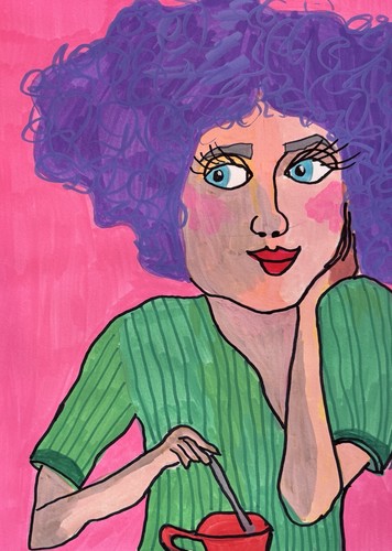 Pink Purple Green Coffee Woman Portrait Original Artwork