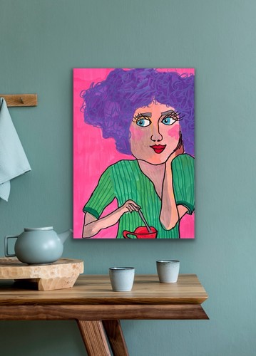 Pink Purple Green Coffee Woman Portrait Original Artwork - photo 2